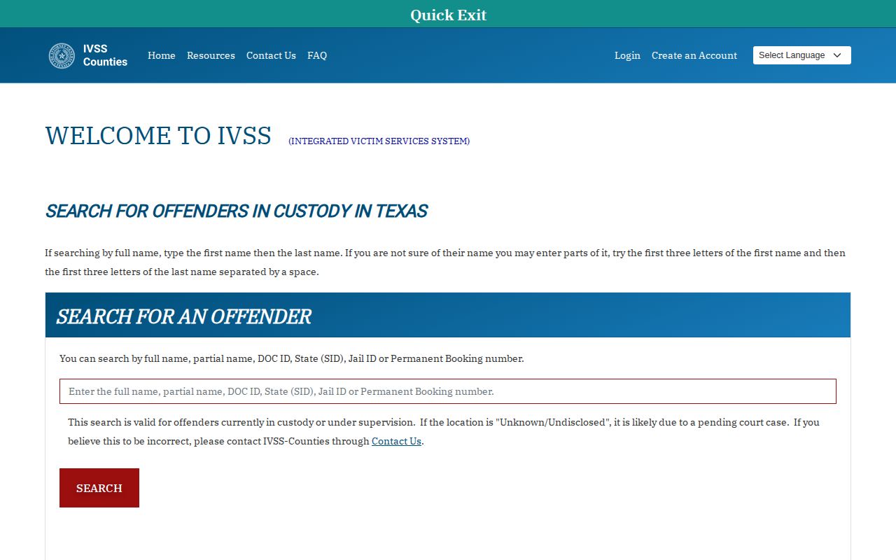 Texas IVSS-Counties inmate search and results workflow