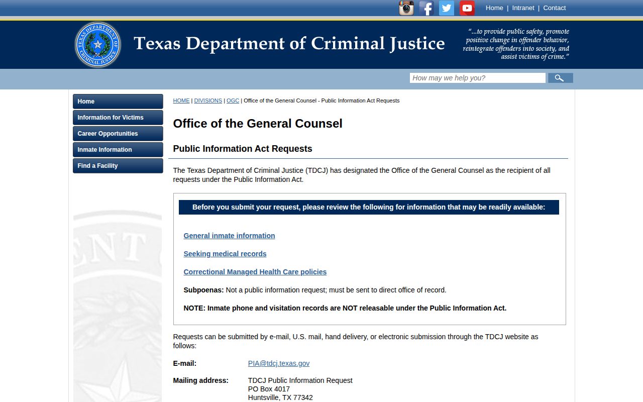 Hutchinson County release date records request guidance from TDCJ