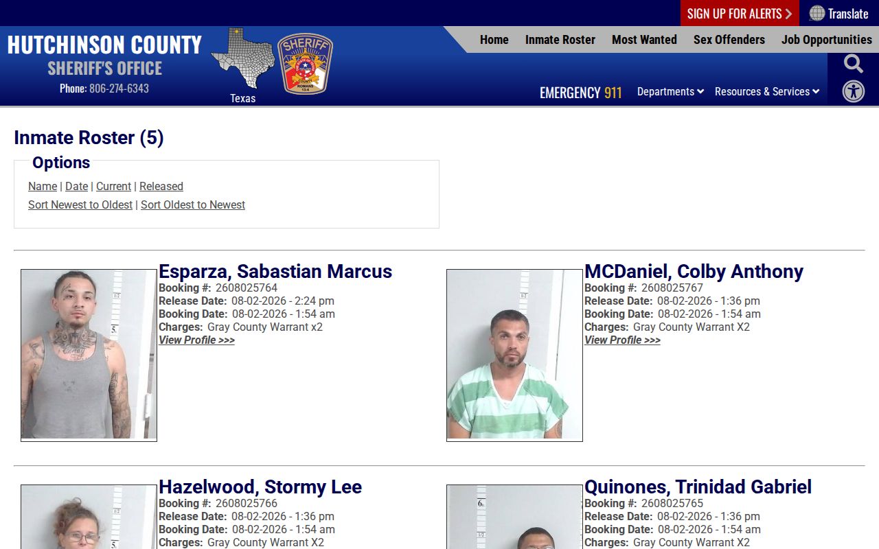 Hutchinson County released inmates roster and release record fields