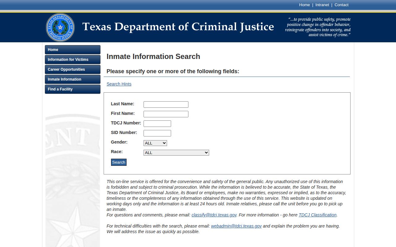 TDCJ inmate search fields for Hutchinson County release verification